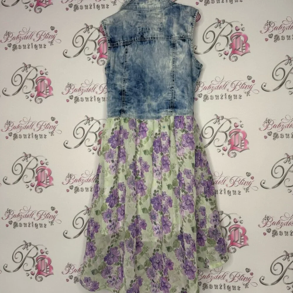 Guess dress high low denim look vest button up with floral skirt attached y2k